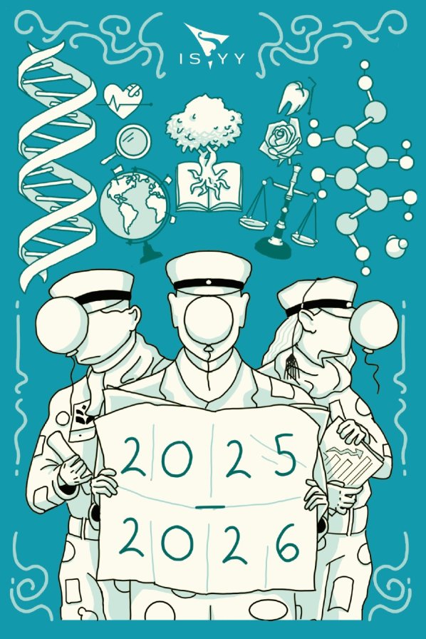 Blue and white graphic picture with three students wtih a map, in background there is many different elements describing different sciences.