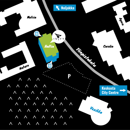 A map of the location of ISYY's campus office in Joensuu. The Joensuu campus office is located on Yliopistokatu on the second floor of Haltia building. The address is Yliopistokatu 7. Haltia building is located on the campus of the University of Eastern Finland. Haltia building is on the opposite side of the Yliopistokatu than Carelia building. Next to Haltia building are Metria building and Futura building. When walking along the Yliopistokatu away from the Joensuu city center before Haltia building there are Vesikko Reacreation Center and parking area.