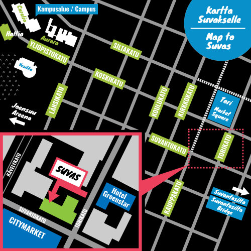 Map to Suvas Meeting room and Sauna facilities. Suvas is in the building located at the street corner of Suvantokatu and Torikatu. Entrance to Suvas is in the courtyard of the building. Entrance to the courtyard is from Torikatu. Opposite the entrance there is Hotel Greenstar. Route from the University of Eastern Finland campus area to Suvas goes across Ylopistokatu/Koskikatu. When arriving Torikatu turn left.