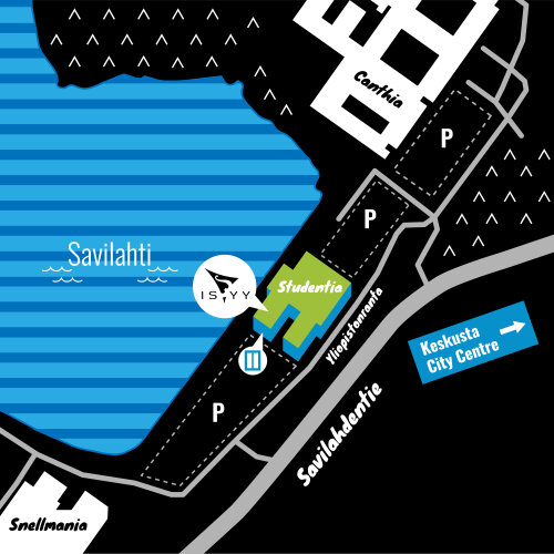 A map of the location of ISYY's campus office in Kuopio. The Kuopio campus office is located on the shore of Savilahti in the Studentia building. Its address is Savilahdenranta 3. Entrance to the office is through door C on the other end of the building. The Studentia building is located between the University's campus buildings Canthia and Snellmania and it has parking areas on both sides. Savilahdentie passes by the buildling on the opposite side of Savilahti.