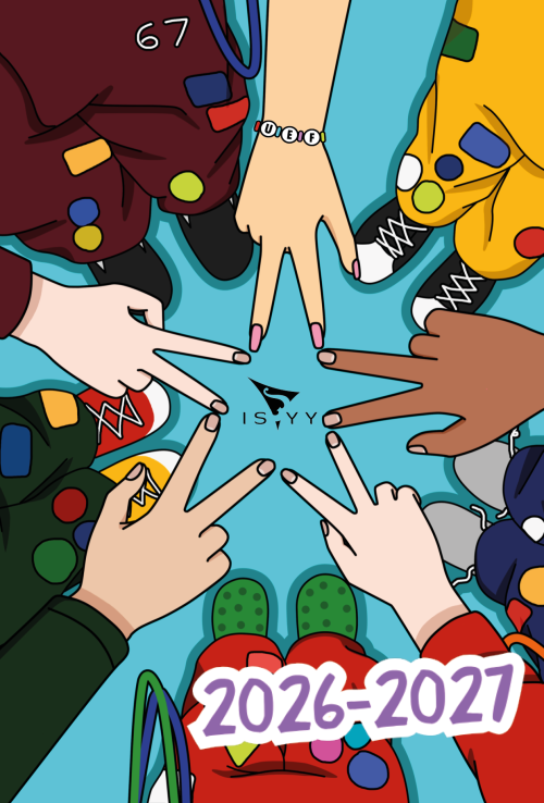 A colourful, comic-style illustration showing five students wearing student overalls in different colours, standing in a circle and making peace signs with their hands. When the peace signs are combined, they form a star-shaped pattern. The Isyy logo is placed at the center of the star.